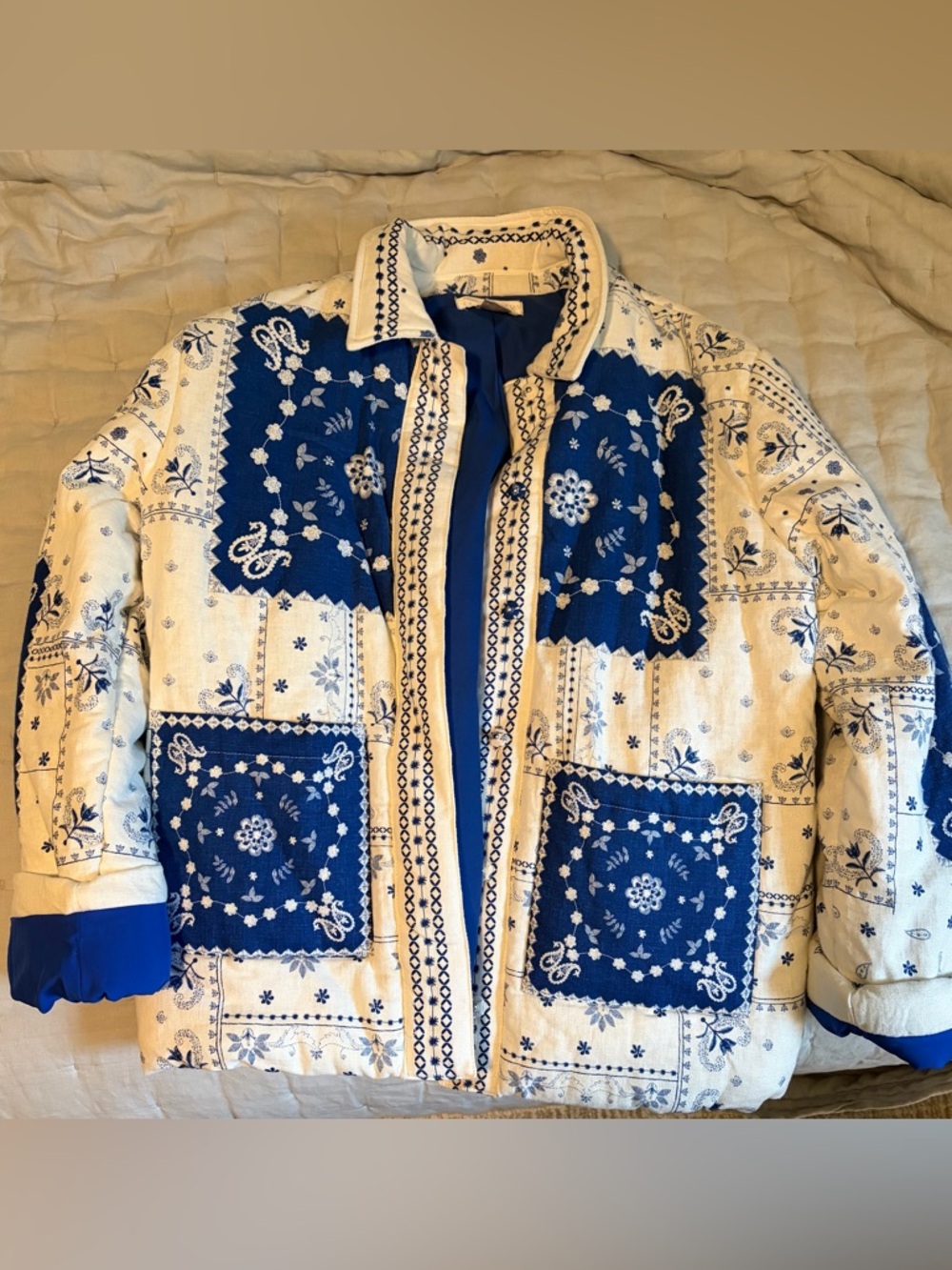 Caroline Constas Blue and White Patchwork Puffer Jacket